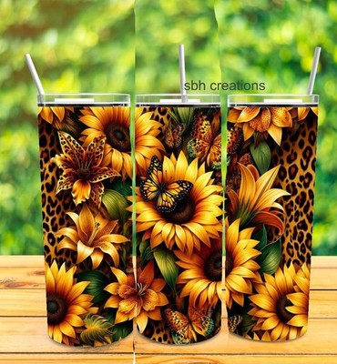 New 20 oz Sunflower Butterfly insulated Tumbler sliding lid 2 straws