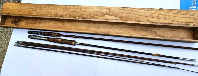 2 Antique circa 1950s  wood fishing rod marked Sport King Montgomery Wards Box