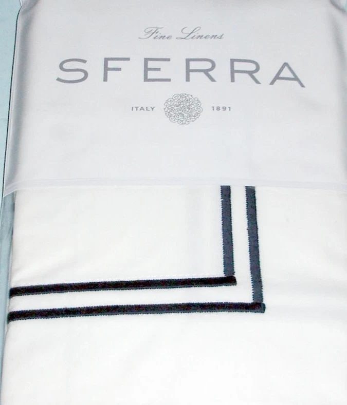 Sferra Grande Hotel Standard Sham Blanco/AZUL MARINO Algodón Percal Doble Puntada Nuevo Foto 2 de 4