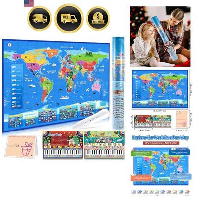 Interactive World Map for Kids Ages 5-12 Educational Geography Toy with Pen