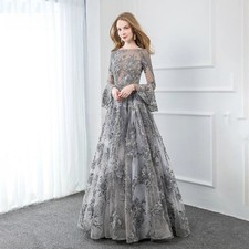 Gray Lace Long Sleeve Evening Dress Embroidered Crystals Bead Prom Party Gown