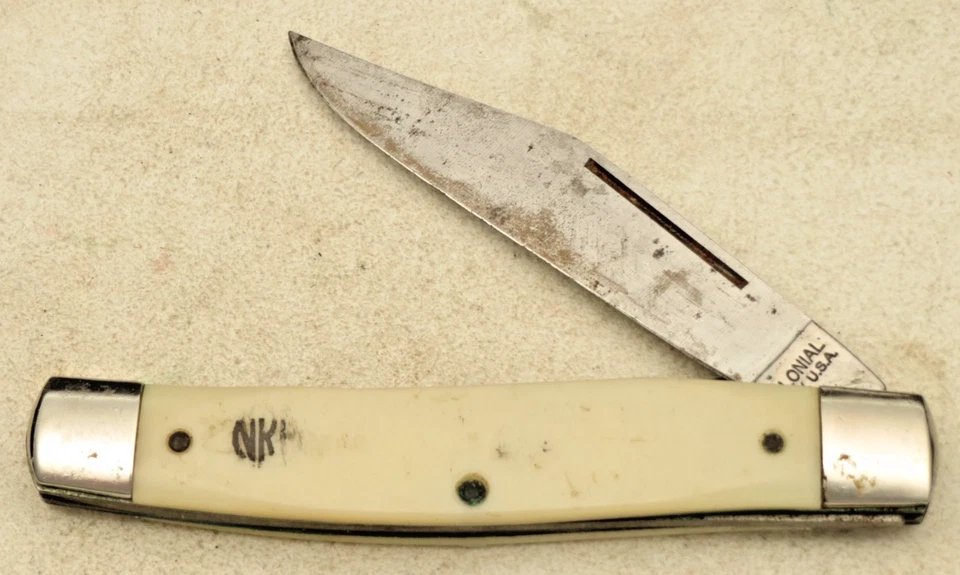 Vintage Colonial USA Made Liner Lock Knife - Carbon Steel Blade - White Handles - Image 2 of 4