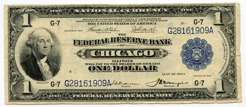 1918 Chicago Federal Reserve Bank $1 Dollar Large Size | Fine Condition - Tear