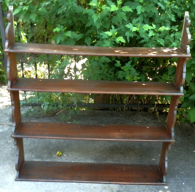 19th Century Handmade Walnut 4 tier Graduated Wall Shelf Carved Ends