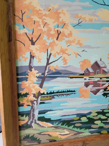 Vtg Mid Century Modern Paint By Numbers MCM Farm House Lake Framed Art Painting - Picture 2 of 6