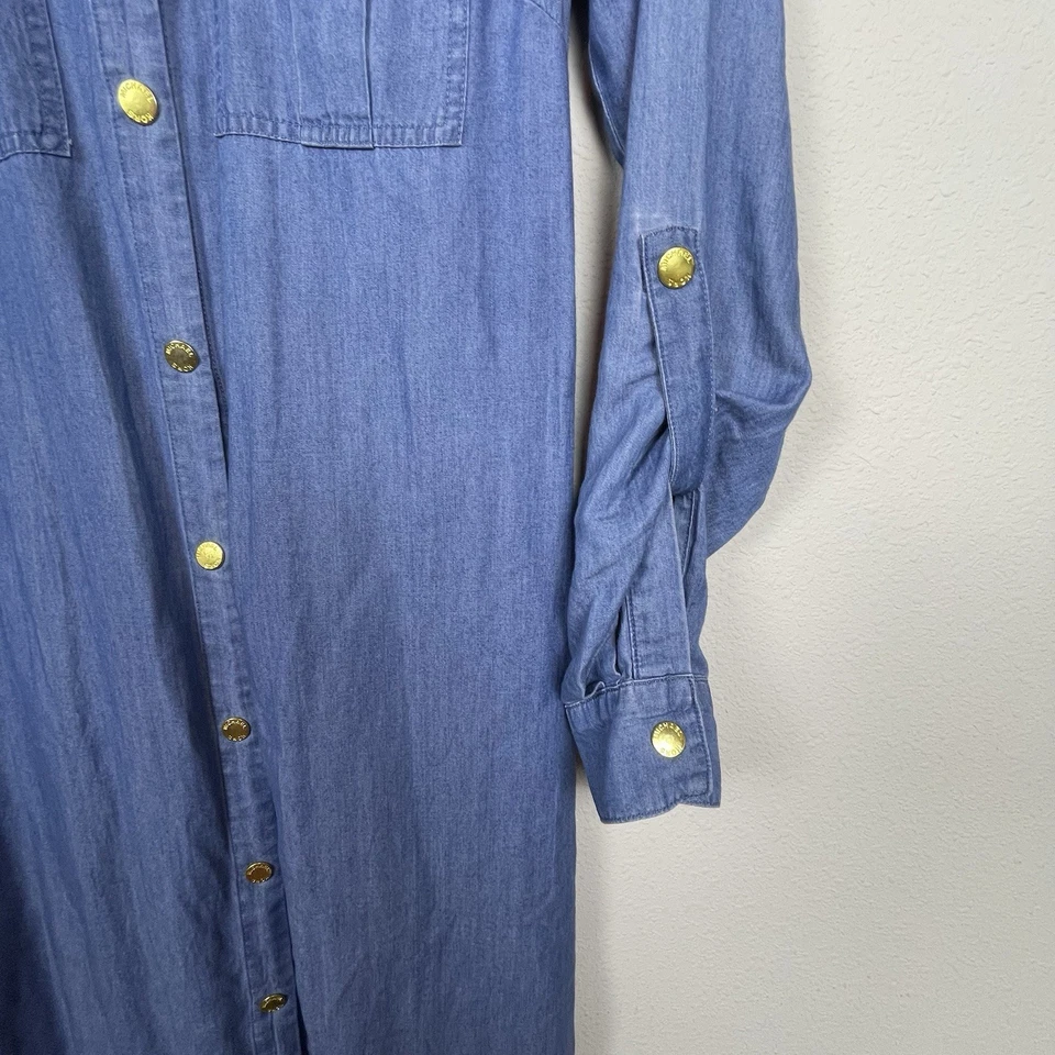 Michael Kors XS Chambray 衬衫 连衣裙 Maxi Roll Tab Sleeves 金色卡扣 — 第 4/4 张图片