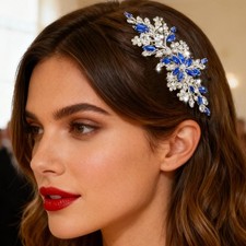 Blue Crystal Bride Wedding Hair Comb Silver Rhinestone Flower Bridal Piece
