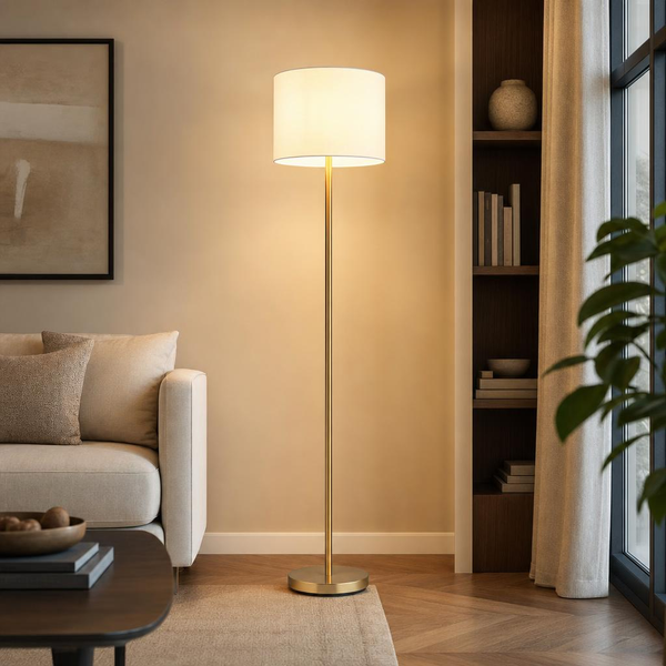 Stehleuchte Stehlampe Wohnzimmerlampe FußSchalter Messing Stoff Weiß H 151 Cm-image