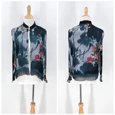 CITRON Santa Monica Silk Floral Jacket Womens Medium Blue Black Mandarin Collar