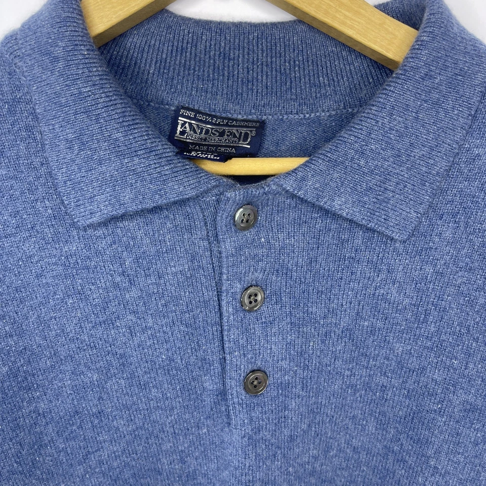 VTG Lands End Men’s Fine 2 Ply 100% Cashmere Sweater Size M Blue Rugby Polo 90s - Image 2 of 4