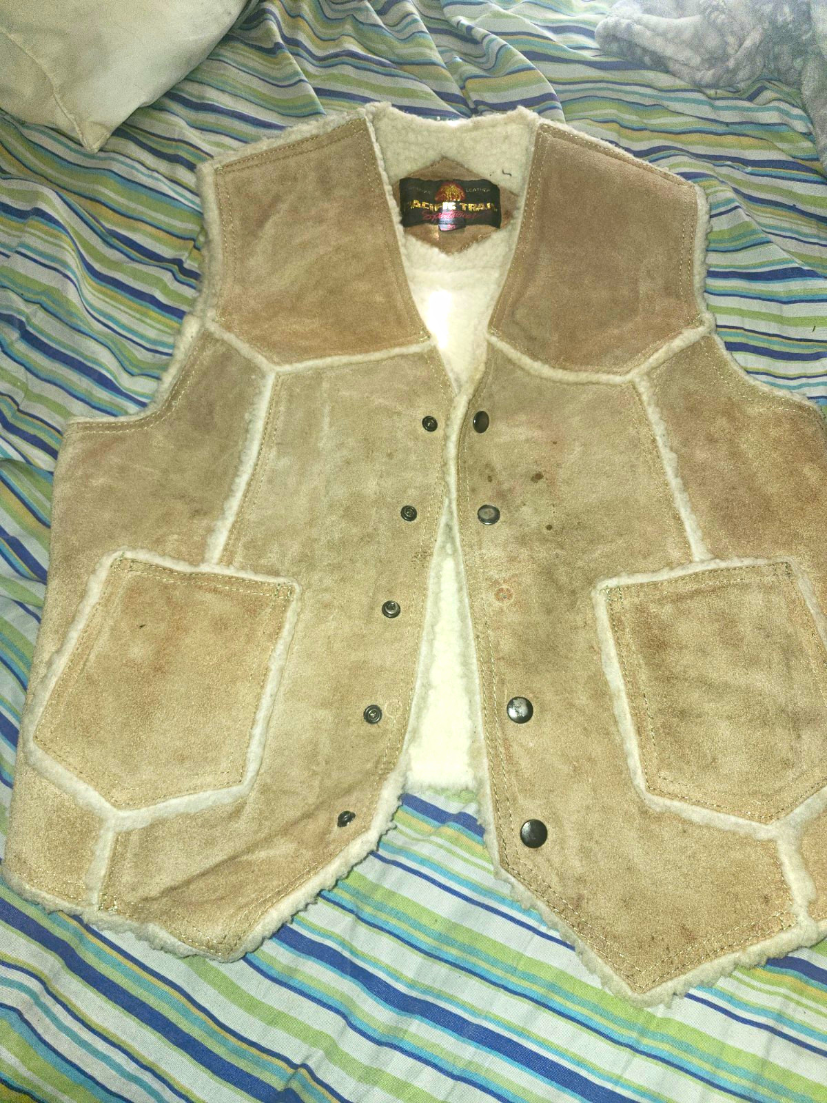 Pacific Trail Men's Leather Vest Button Front V-Neck Lined Beige Size M