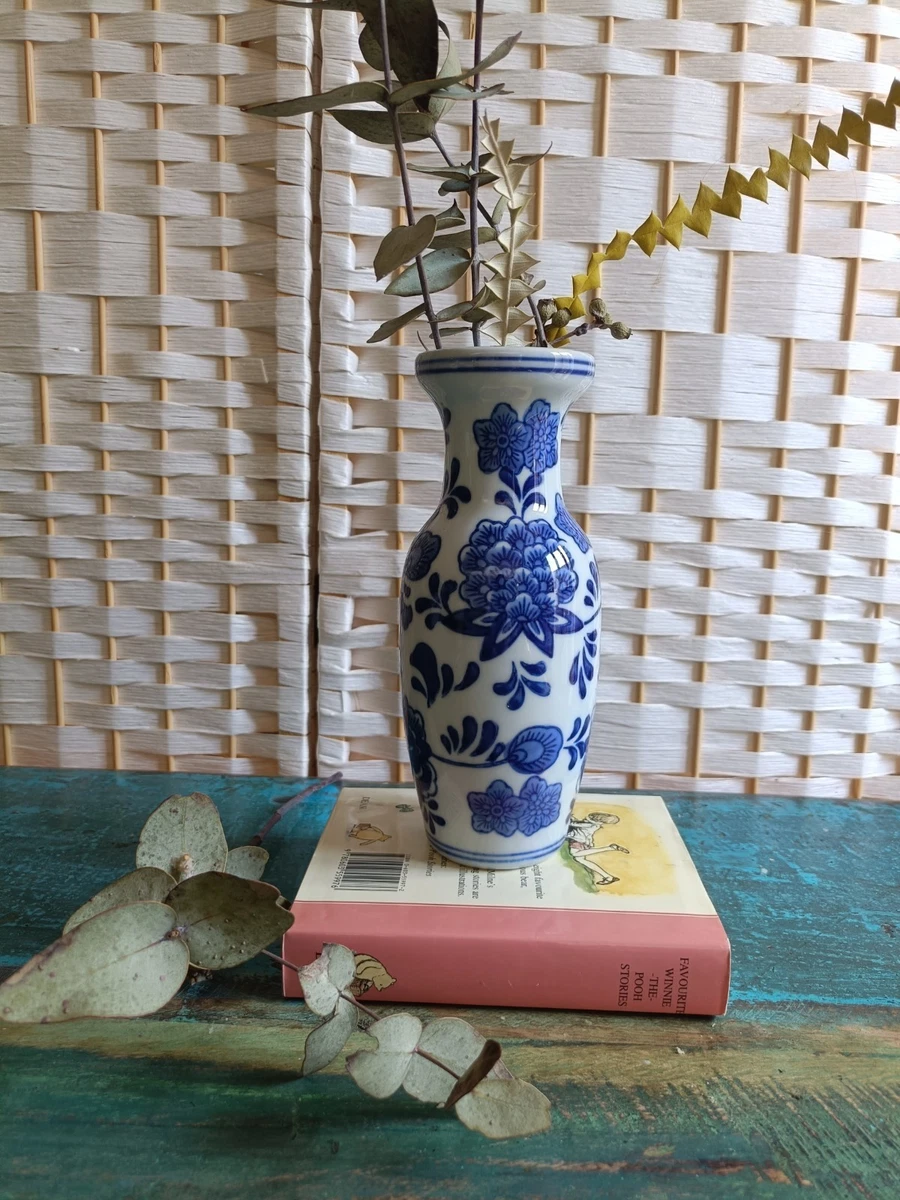 Vintage Chinese Porcelain Vase White With Blue Floral Print 8 Inch