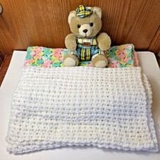 Two Beautiful Crocheted Baby Blankets White And Multi Color Pastel Teddy Bear