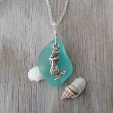 Hawaiian Jewelry Sea Glass Necklace, Aquamarine Necklace, Mermaid Necklace, Sea