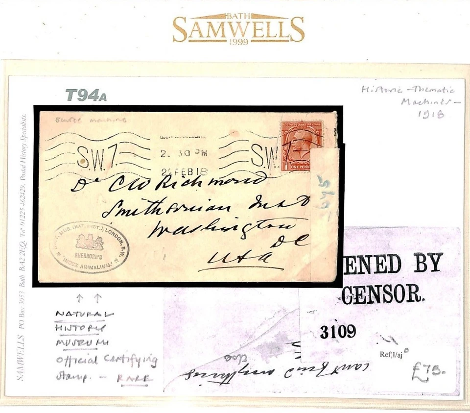 GB *NATURAL HISTORY MUSEUM* 1918 WW1 Official RARE CACHET Censor Cover USA T94a - Image 2 of 4