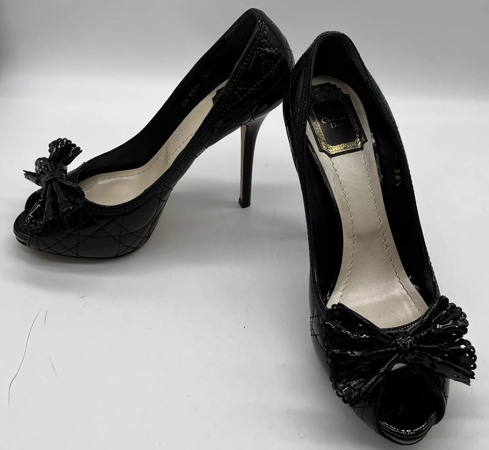 Christian Dior Black Patent Leather Cannage Peep Toe Platform Pump sz 38.5