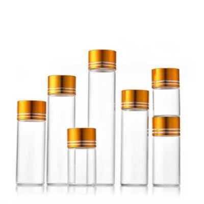 Empty 5ml-200ml Transparent Glass Storage Bottles w/ Aluminum Gold Line Caps