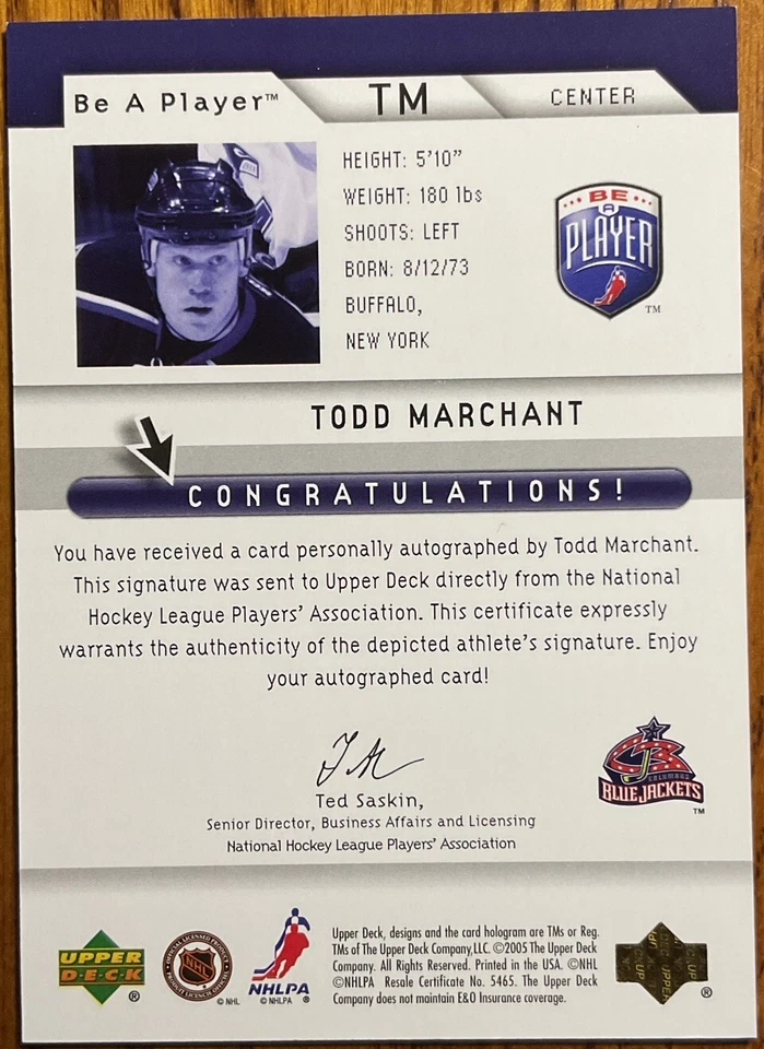 2005-06 Be A Player Signatures Todd Marchant #TM Columbus Blue Jackets - Image 2 of 2