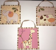 CoCalo Nursery Wall Decor Pink Brown Baby Girl Elephant Giraffe Zebra 10x10  