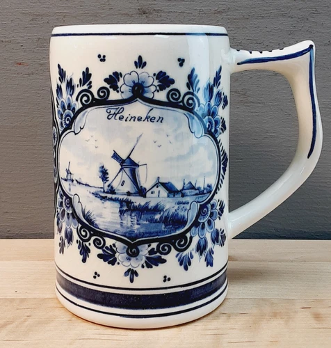 Heineken Regina Delft Blue Vintage Porcelain Beer Stein Mug Windmill Dutch 22 oz