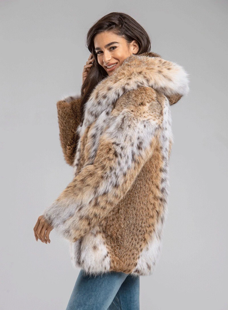 Full skin Montana luxury Lynx fur Jacket coat with double fur hood