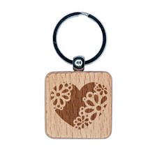 Delicate Floral Heart Engraved Wood Square Keychain Tag Charm