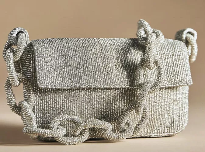 ANTHROPOLOGIE The Fiona Beaded Bag Chain Edition SILVER NWT 110