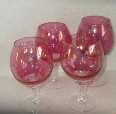 Ruby Red Crystal Wine Glasses Starburst Etched Hand Blown Twisted Stem Set of 4