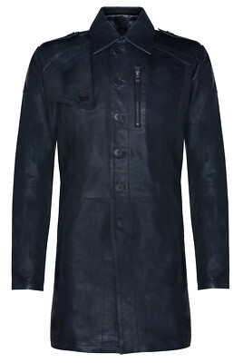 Herren Schwarz Leder Trenchcoat Original Klassisch Retro Lange Jacke