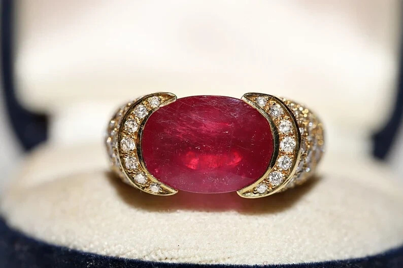 3CT Vintage Solid 14k Yellow Gold Natural Ruby & Diamond Decorated Strong Ring