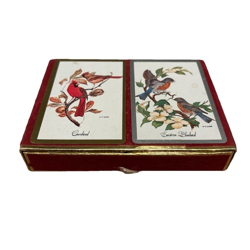 Vintage Duratone Plastic Coated Double Deck Pinochle Cards & Case Birds Nature - Picture 1 of 9