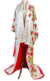 Vintage Japanese Silk Uchikake Wedding Kimono Embroidered Goshoguruma Floral