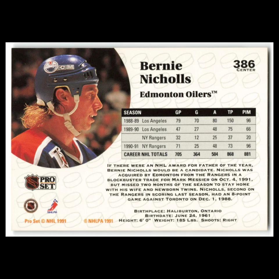 Bernie Nicholls #386 1991 Pro Set Edmonton Oilers Hockey Card NHL NM - Image 2 of 3