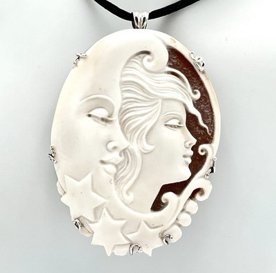 Cameo Sardonic 60mm Diana Goddess Moon 925 Silver Pendant Brooch Tower of the Greek