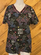 Disney Minnie Mouse Black Scrub Top w Pockets - "Mickey Loves Minnie" Sz M