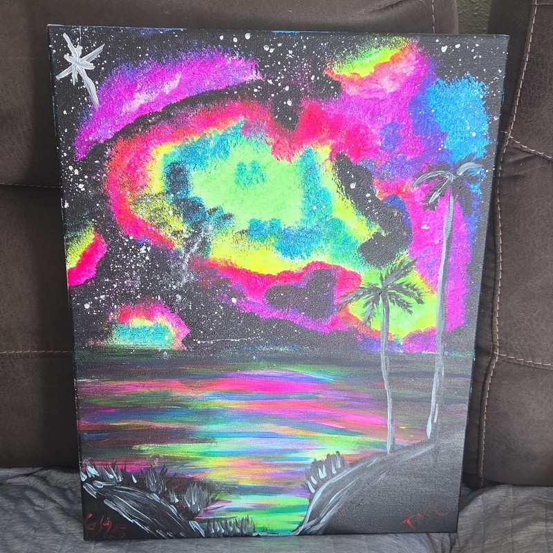 T.C. abstract original tropical seascape palm trees sky painting small signed