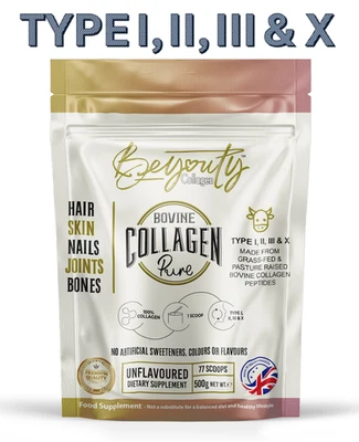 BEYOUTY COLLAGEN Bovine Peptides Collagen Powder Pure Hydrolysed TYPE 1, 2, 3 & X 500g Grass-Fed
