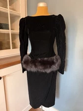 VTG Victor Costa 1980s RARE BLK Velvet LS Dress With Fur Trim Made In USA formal
