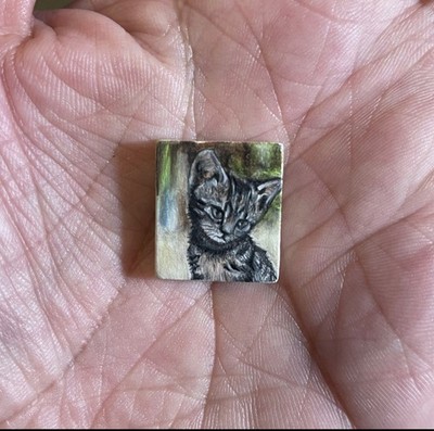 Gray Tabby Kitten Cat Art Miniature Oil Painting Original Scrabble Tile OOAK