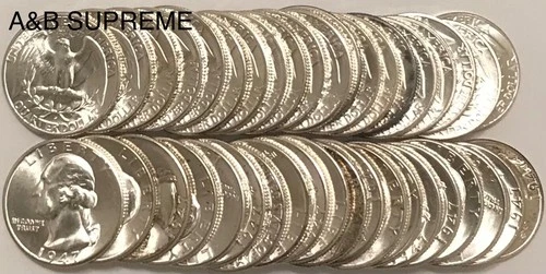 ROLL (40) 1947 D WASHINGTON QUARTERS “STUNNING GEMS” BU UNCIRCULATED 90% SILVER