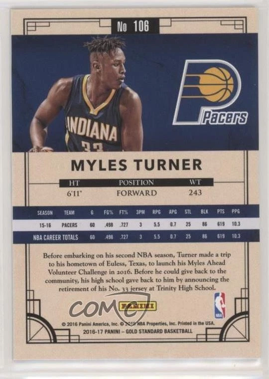 2016-17 Panini Gold Standard AU /79 Myles Turner #106 - Image 2 of 2