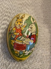 Vintage Metal Toy Egg Tin J Chein  Co Litho Candy Container Bunny Chick Easter