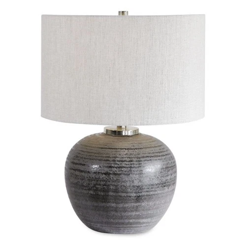 UTTERMOST 26349-1 MIKKEL CHARCOAL GLAZE CERAMIC TABLE LAMP WITH LINEN DRUM SHADE - Picture 2 of 5