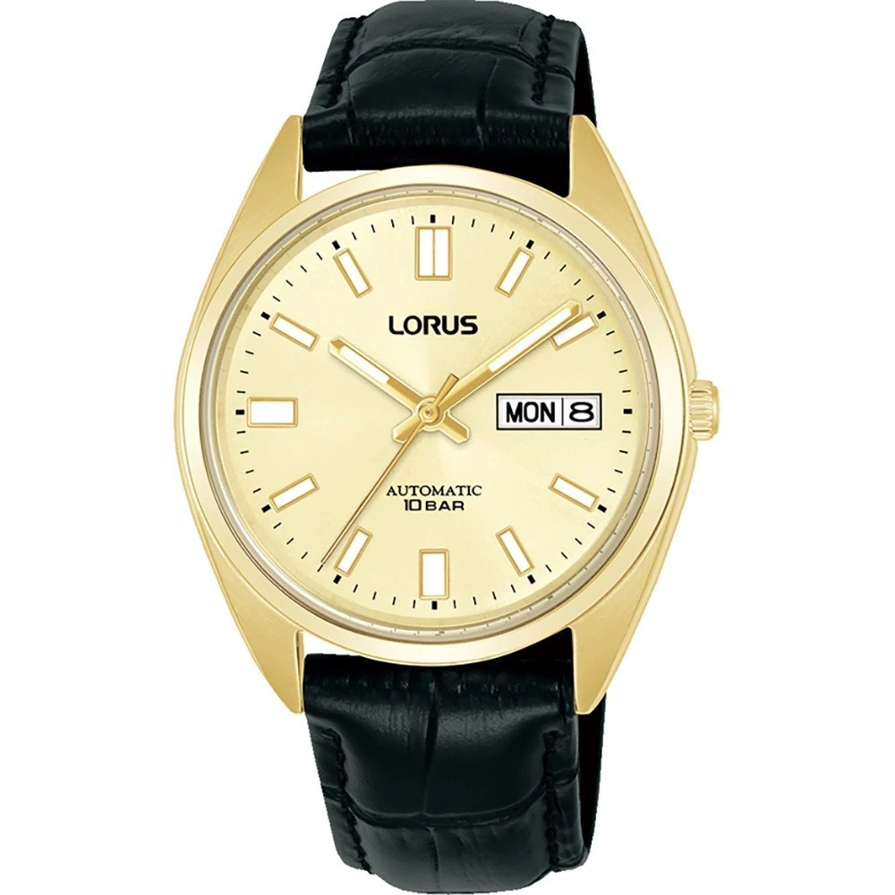 Lorus Watch Mens RL436CX9 Automatic, Gold Dial, Black Leather Strap RRP £149.99