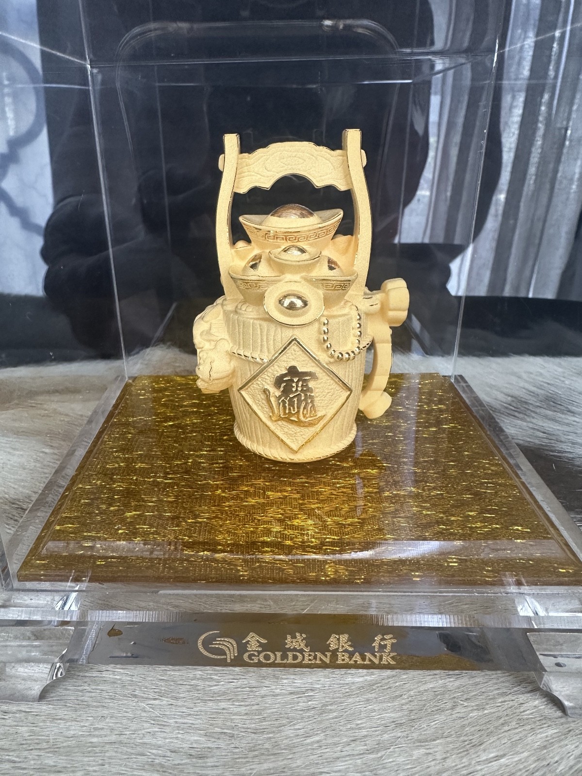 24K Yellow Gold Plated Chinese Feng Shui Wealth Yuanbao Treasure Bowl Statue