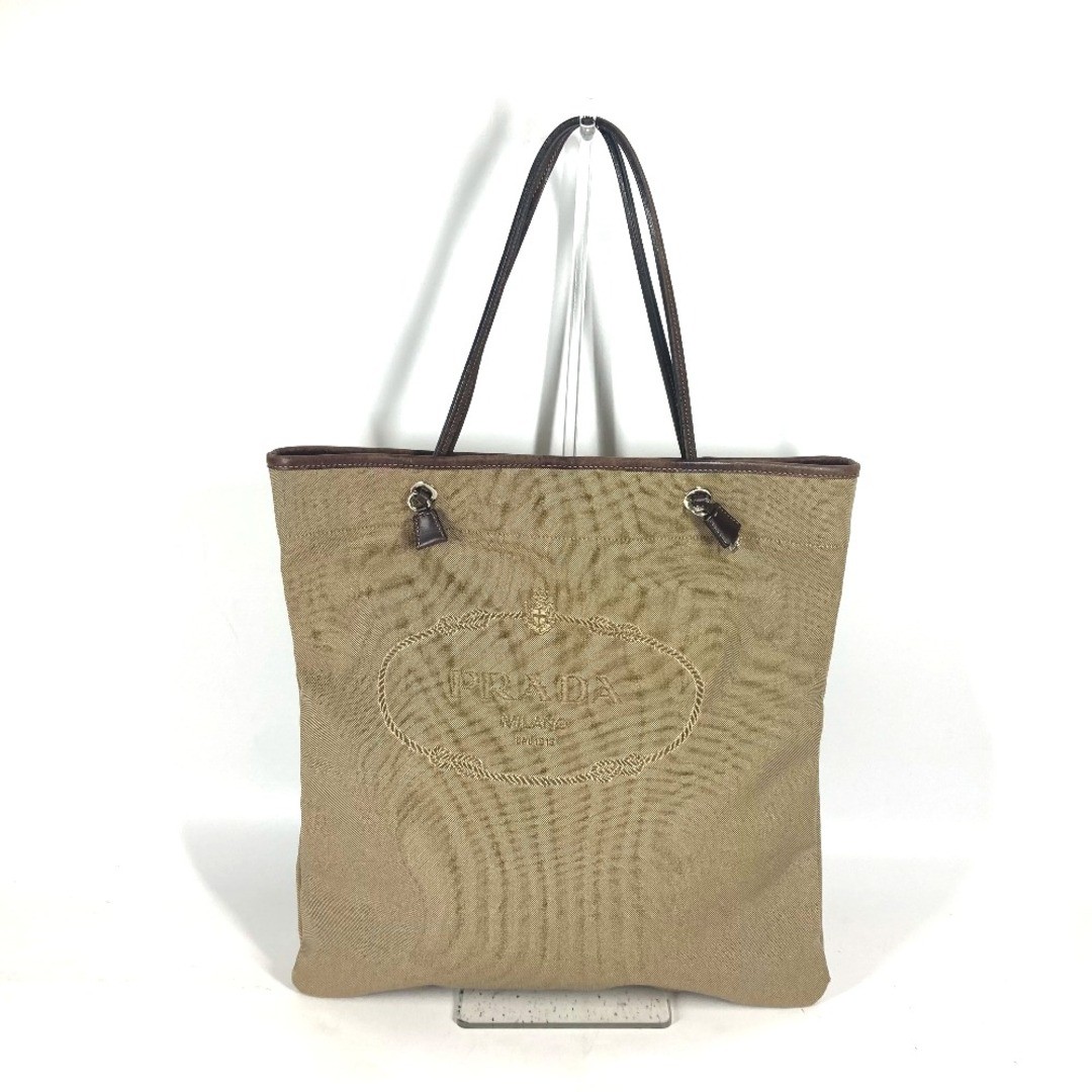 RARE Prada Logo Vertical Canvas Leather Tote Shoulder Bag Beige