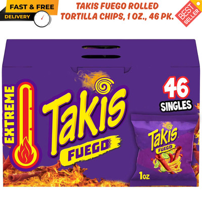 Takis Fuego Rolled Tortilla Chips, Spicy, 1 oz. Individual Bags, 46 Count Bulk