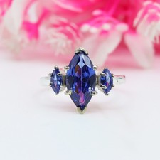 Blue Sapphire Ring, 925 Sterling Silver, Three Gemstone Ring, Engagement Ring  