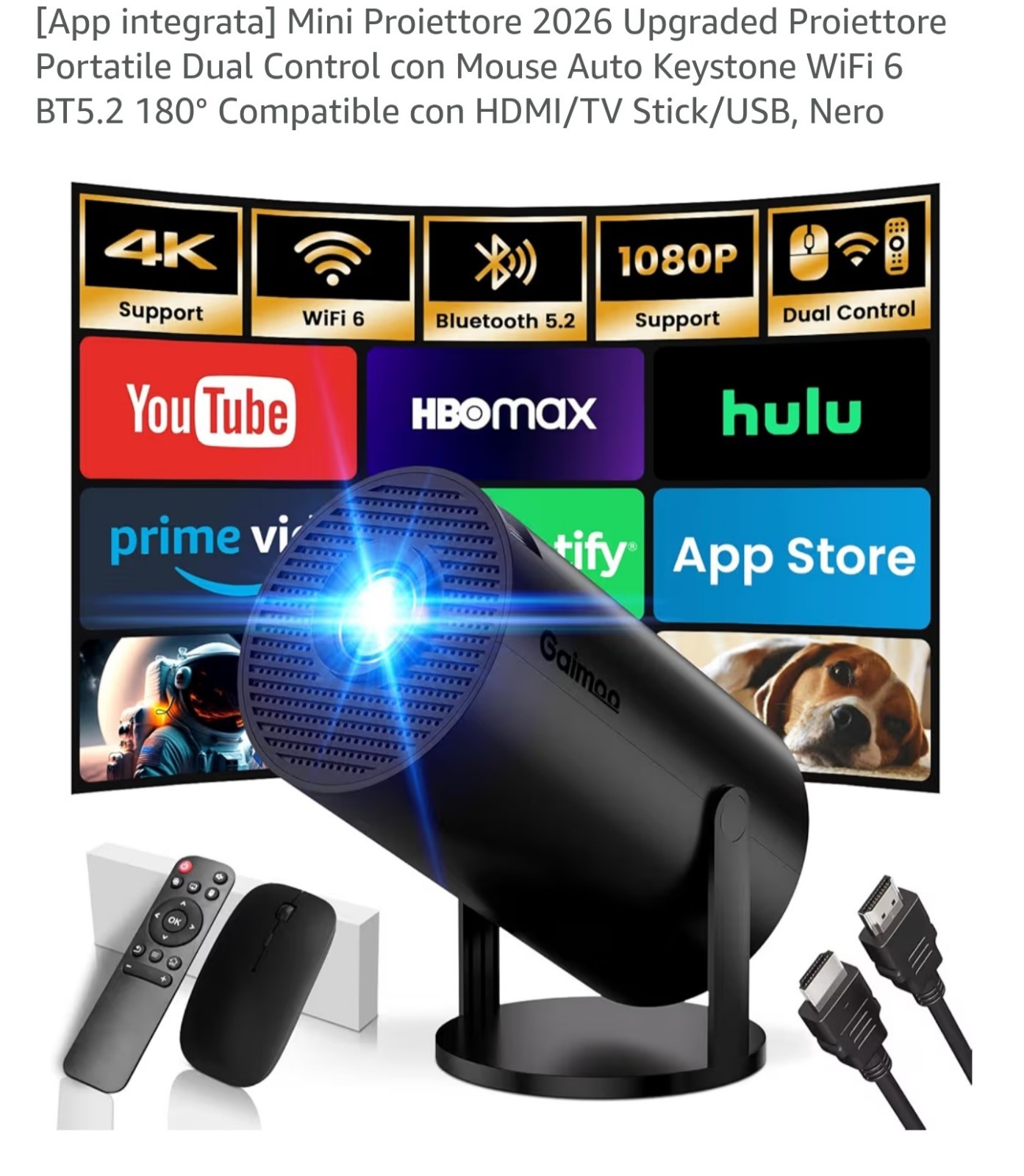 Proiettore Portatile 2026 WiFi 6 Dual Control - 4K Home Theater Nero