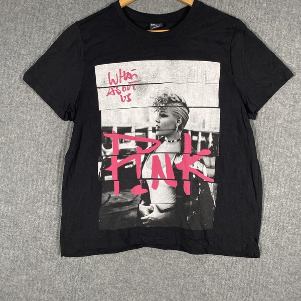 P!nk Shirt Womens 16 Black What About Us Graphic Band Tee T-Shirt Rock 3N